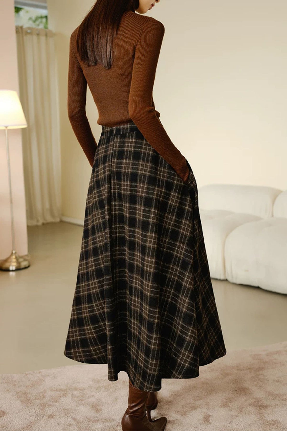 Brown Plaid Wool Blend Midi Skirt - Vintage A-Line women Skirt Winter 7020