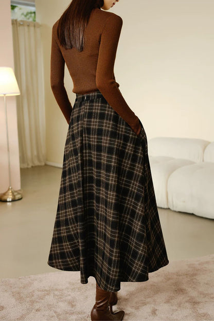 Brown Plaid Wool Blend Midi Skirt - Vintage A-Line women Skirt Winter 7020