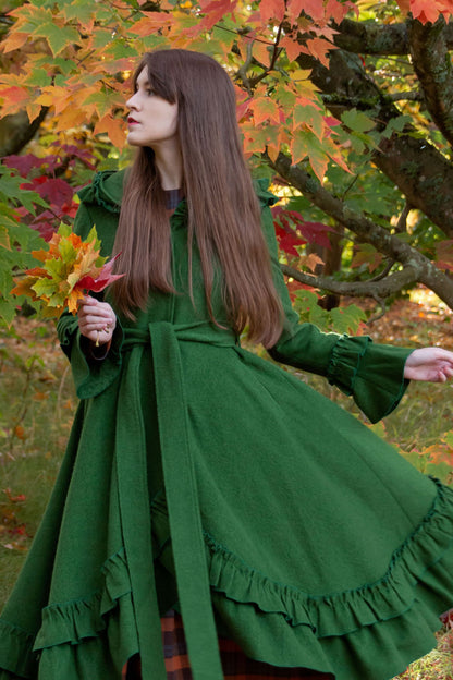 Green Wool Hooded Swing Coat - Ruffled Trim High-Low Hem | Xiaolizi 4046