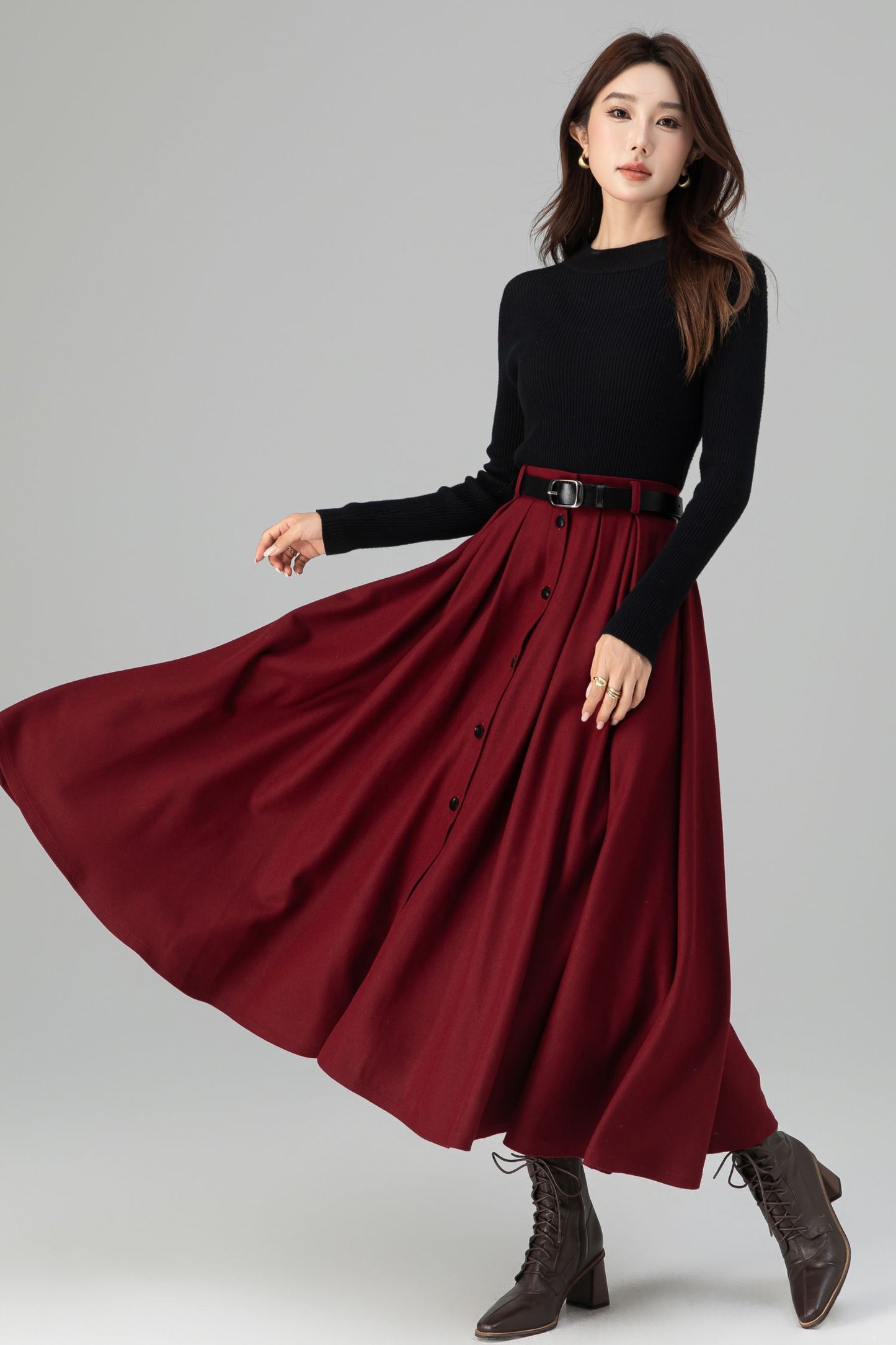 Burgundy Wool Midi Skirt – Vintage Button Front High Waisted Winter Skirt with Pockets 6395