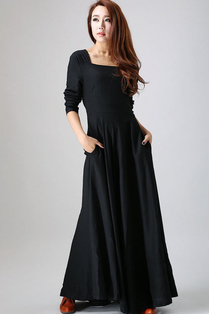 Black Linen Maxi Dress - Square Neckline Pleated Skirt 793