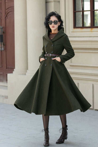 British Vintage Military Style Hooded Wool Coat for Women – Army Green Winter Overcoat 5461
