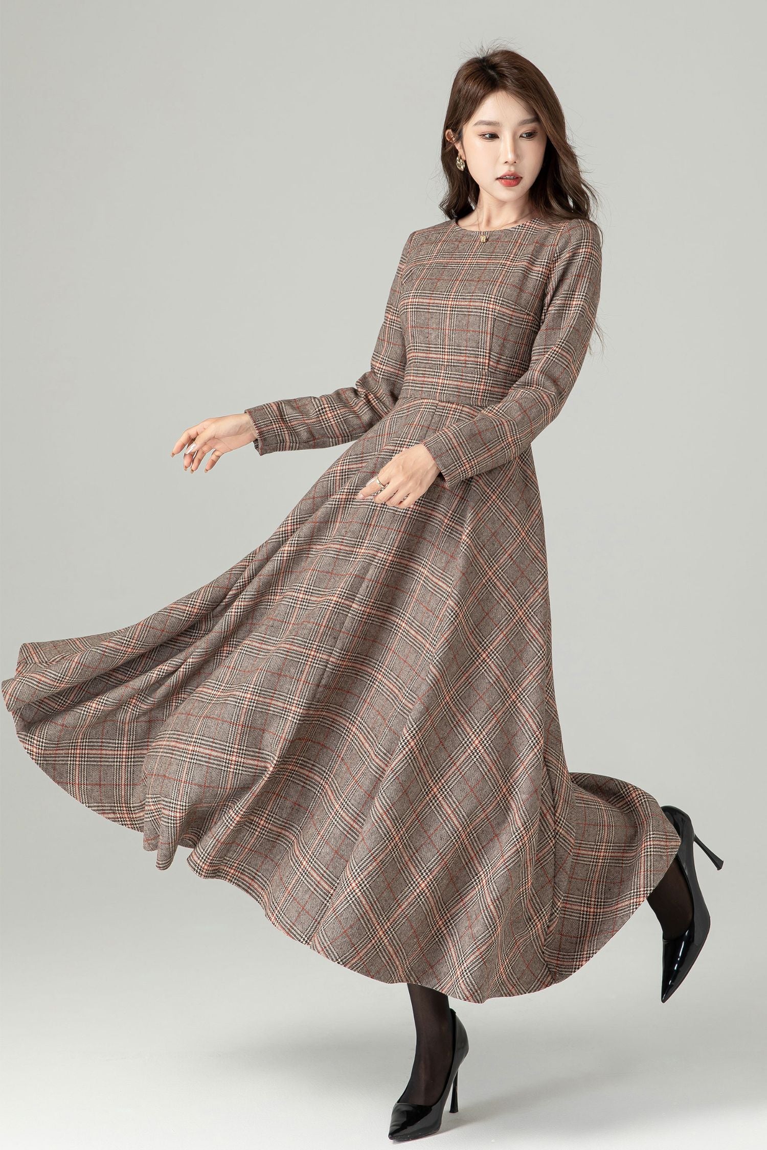Brown Plaid Wool Maxi Dress Vintage British Check Winter Dress 4491 Brown / M Brown Plaid Wool Maxi Dress Vintage British Check Winter Dress 4491 Brown / M