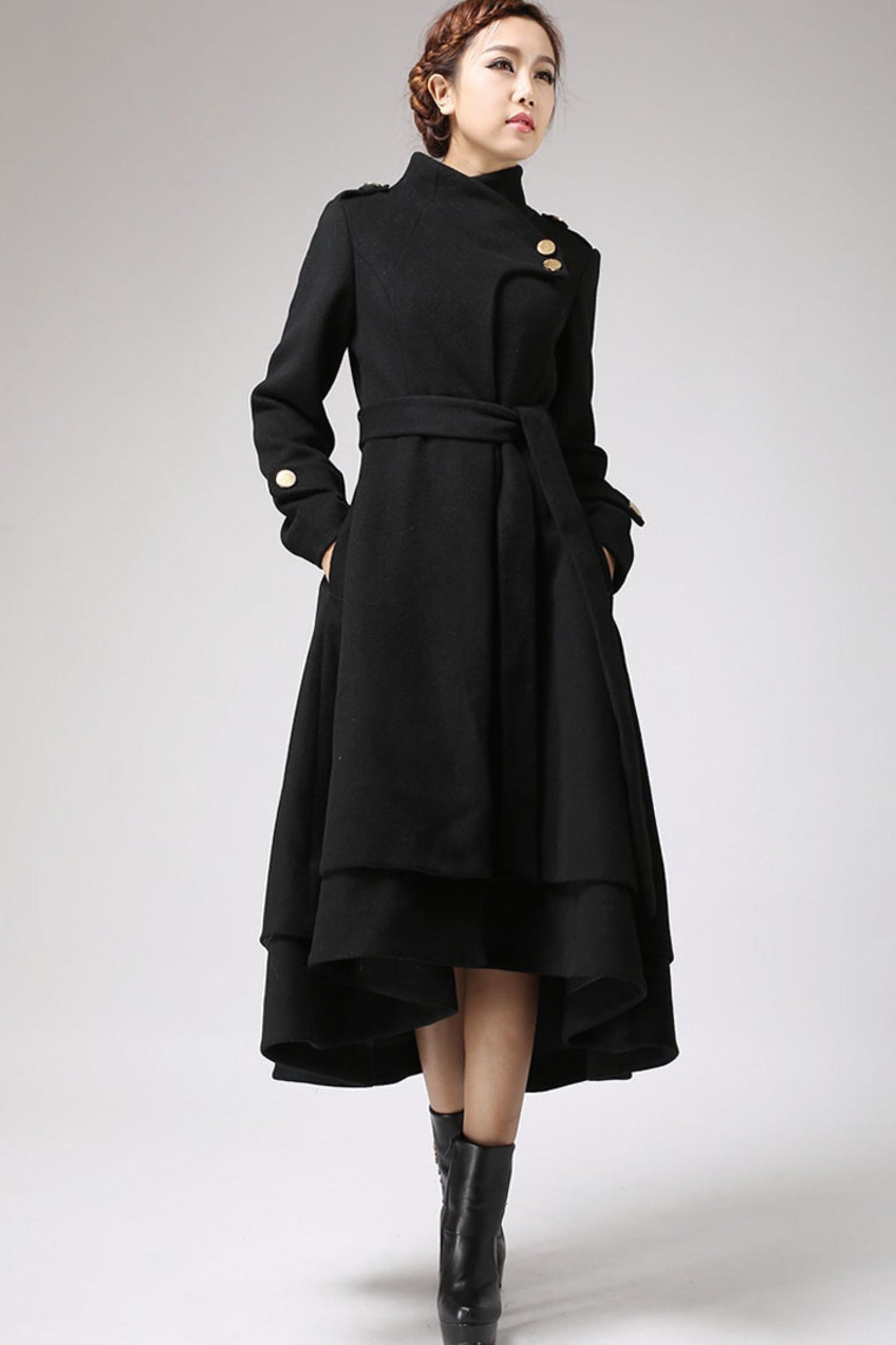 Asymmetrical Hem Black wool Coat  0703#