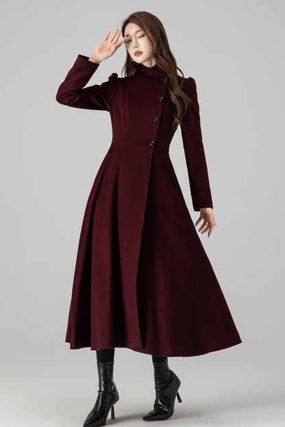 Burgundy A-Line Long Wool Coat 4511