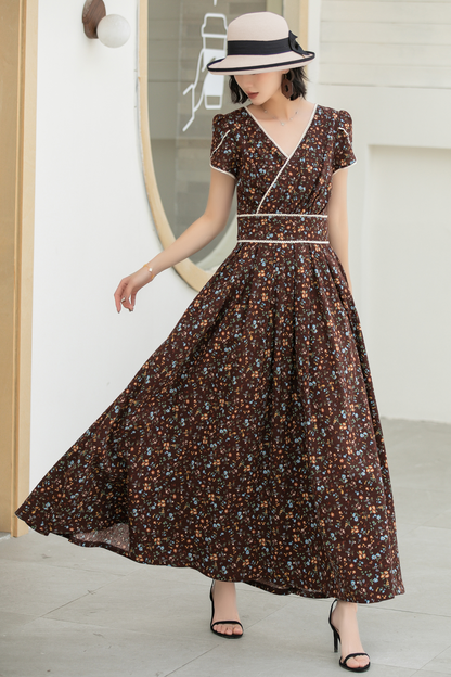 Vintage Floral Linen Cotton Maxi Dress – Women’s Puff Sleeve Wedding & Prom Dress 5833