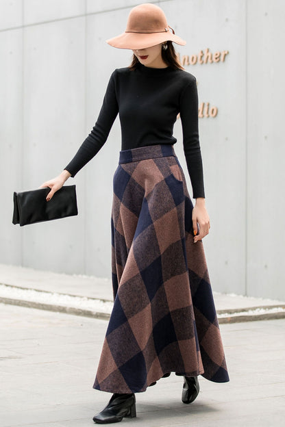 Plaid Wool Maxi Skirt - Vintage Inspired Pleated Circle 2837