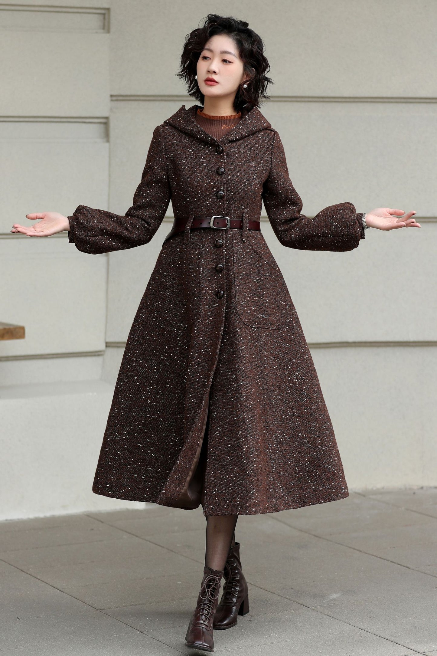 Xiaolizi Handmade Vintage Wool Coat – Brown Hooded Belted Swing Winter Coat 6610