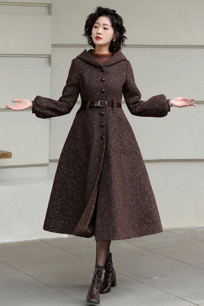 Xiaolizi Handmade Vintage Wool Coat – Brown Hooded Belted Swing Winter Coat 6610