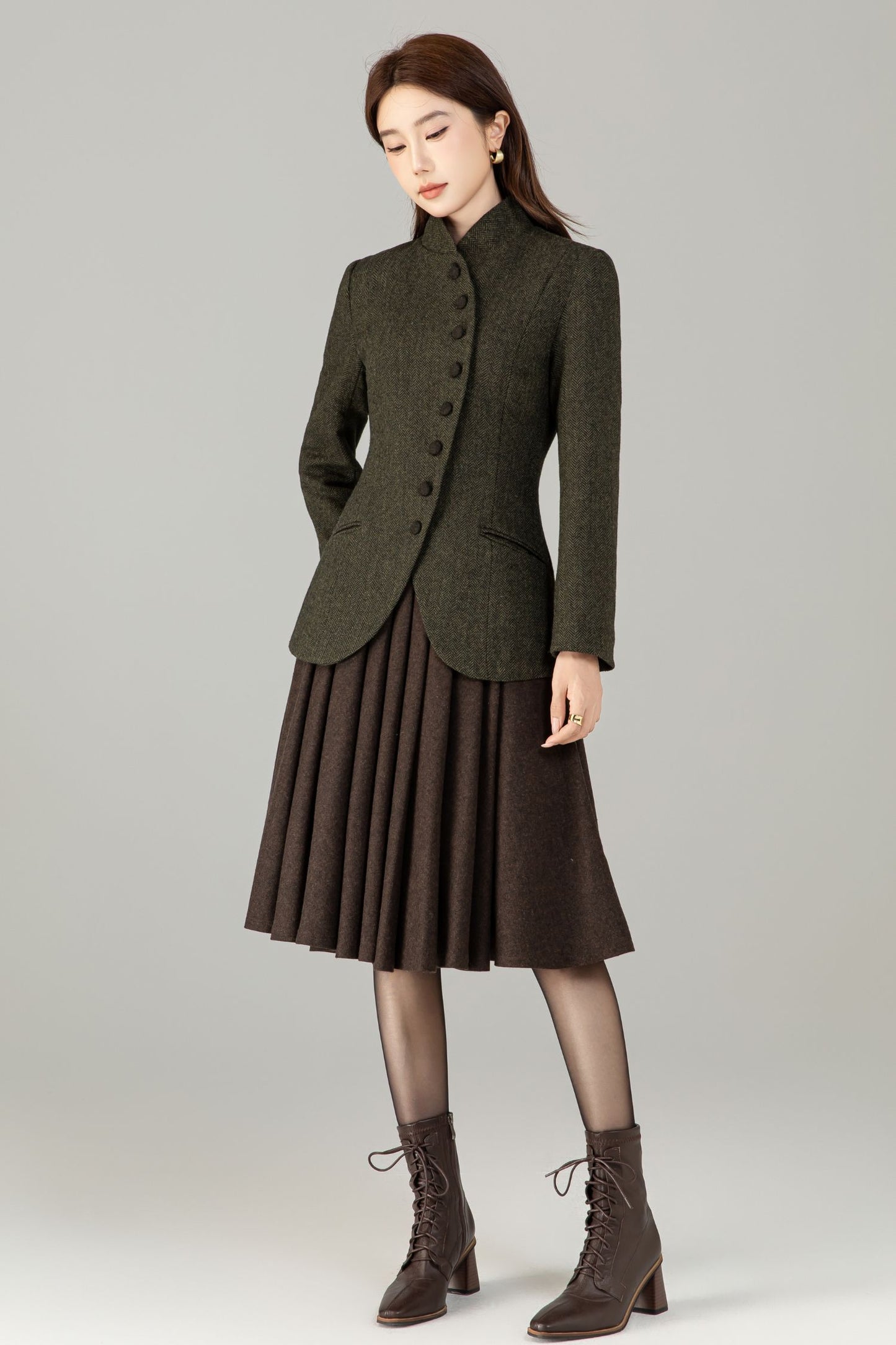 Handmade Wool Blend Herringbone Jacket – Vintage Short Coat | Xiaolizi 6496