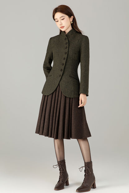 Handmade Wool Blend Herringbone Jacket – Vintage Short Coat | Xiaolizi 6496