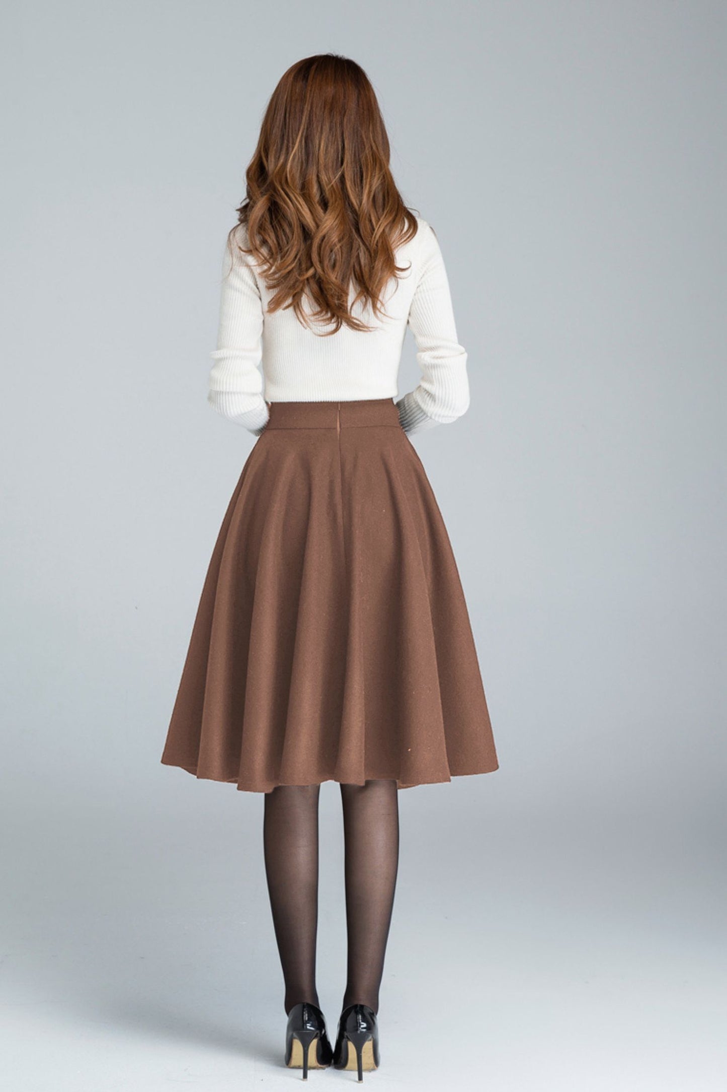 Wool Skater Skirt – Brown Wool Blend Skirt with Side Pockets and Back Zipper  5442