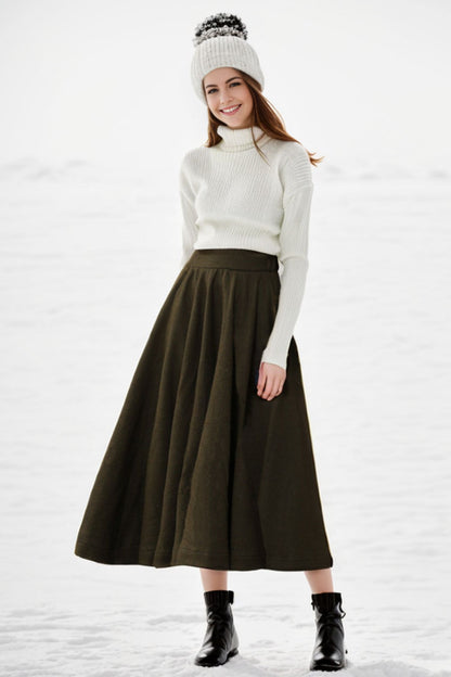 Army Green Wool Midi Skirt - Fit and Flare with Pockets 5186