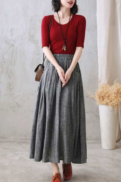 Grey Linen Cotton Maxi Skirt – Pleated Flare Skirt with Elastic Waist 2772