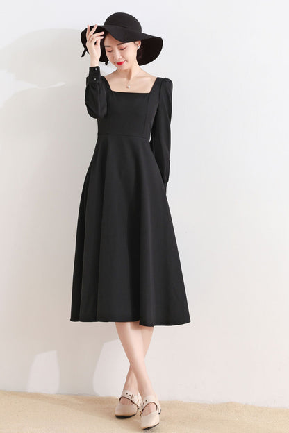 Black Linen Cotton Midi Dress - Square Neckline, Long Sleeve Swing 2514