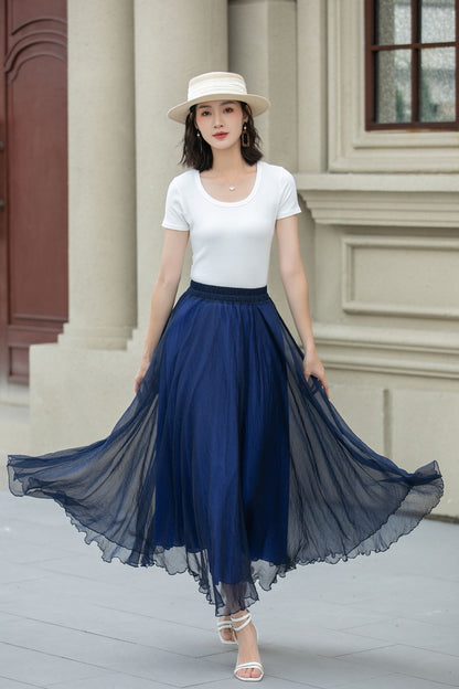 Blue Chiffon Midi Skirt - A-Line Swing with Elastic Waistband 5109