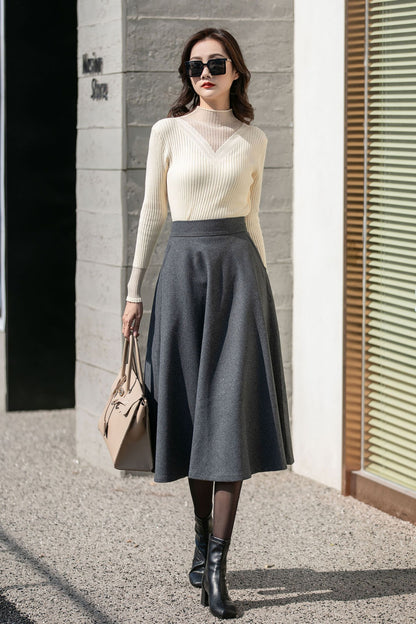 Gray Wool Midi Skirt - Flowy A-Line Winter Elegance 4130