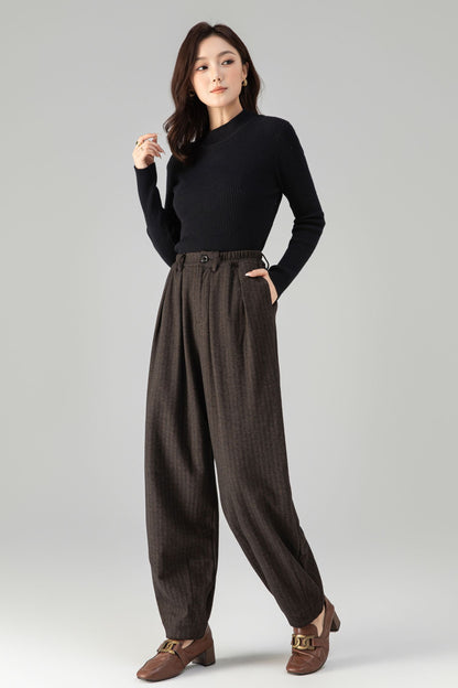 Brown Wool Wide Leg Pants - Loose Fit, Warm Winter Style 6462
