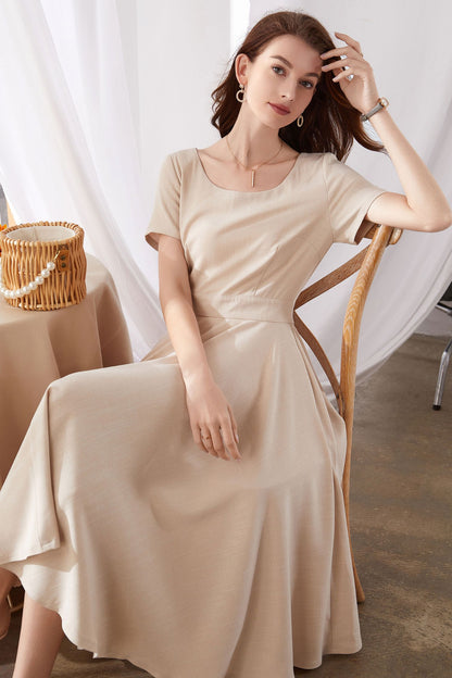 Beige Linen Dress - Fit and Flare Midi with Scoop Neckline 3374