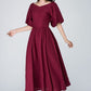 Burgundy midi summer womens linen dress 1573