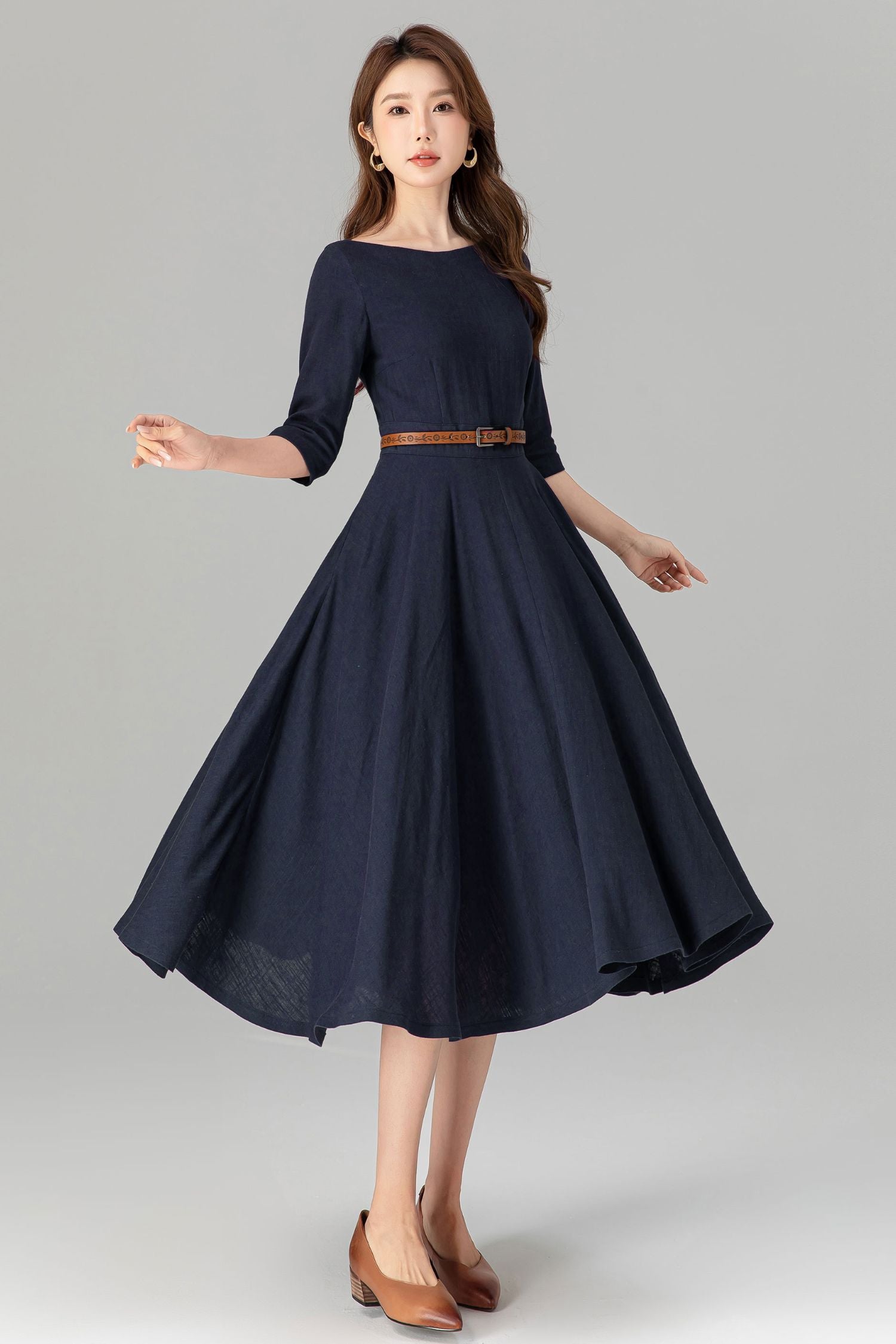 Navy Blue Linen Midi Dress – Vintage Boat Neck Cotton Linen Dress