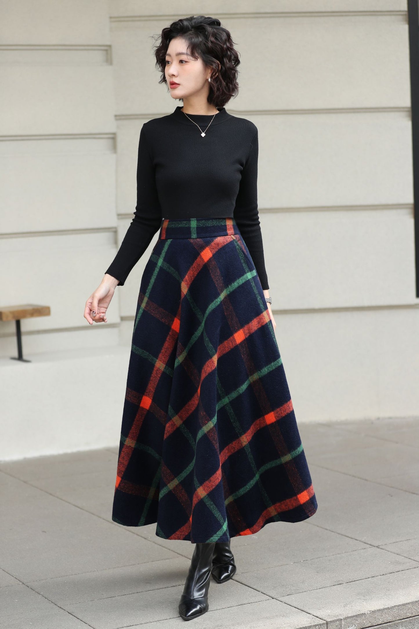 Xiaolizi Plaid Wool Maxi Skirt for Women – Handmade A-Line Winter Swing Skirt 6619