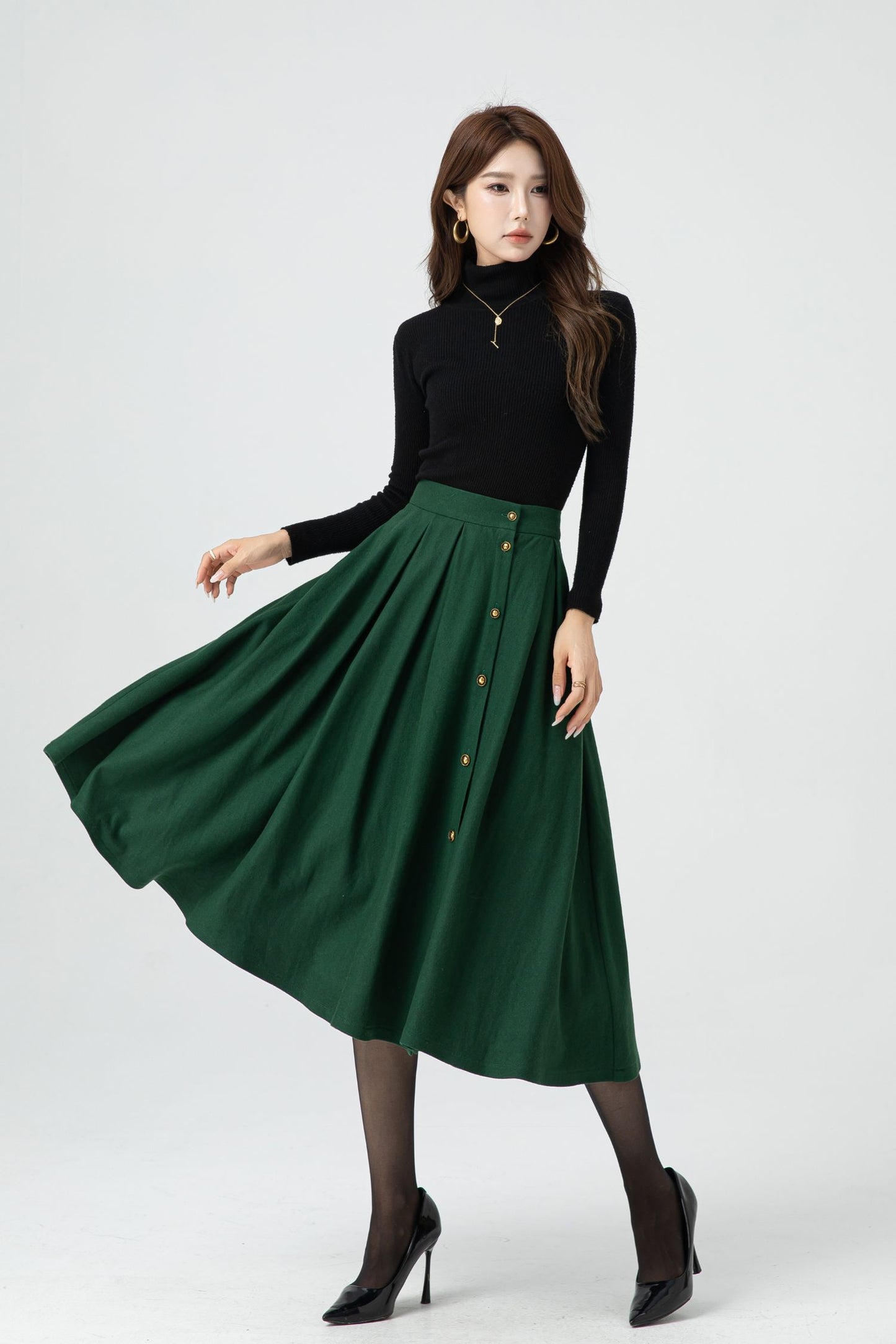 Button front green midi wool skirt 5322