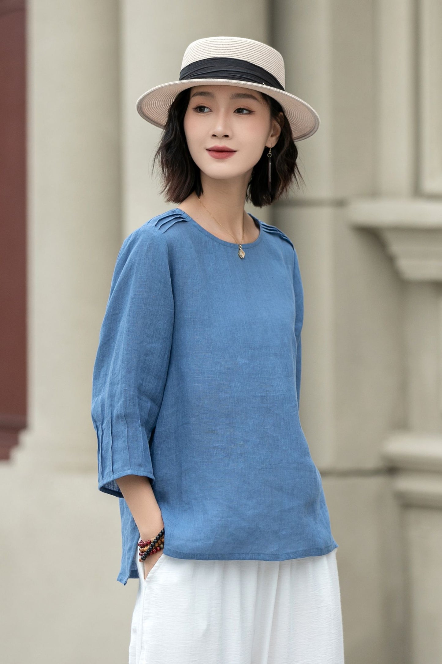 Blue summer linen top blouse 5221