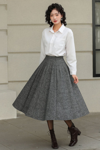 Grey Wool Pleated Midi Skirt - A-Line Silhouette with Pockets 6416