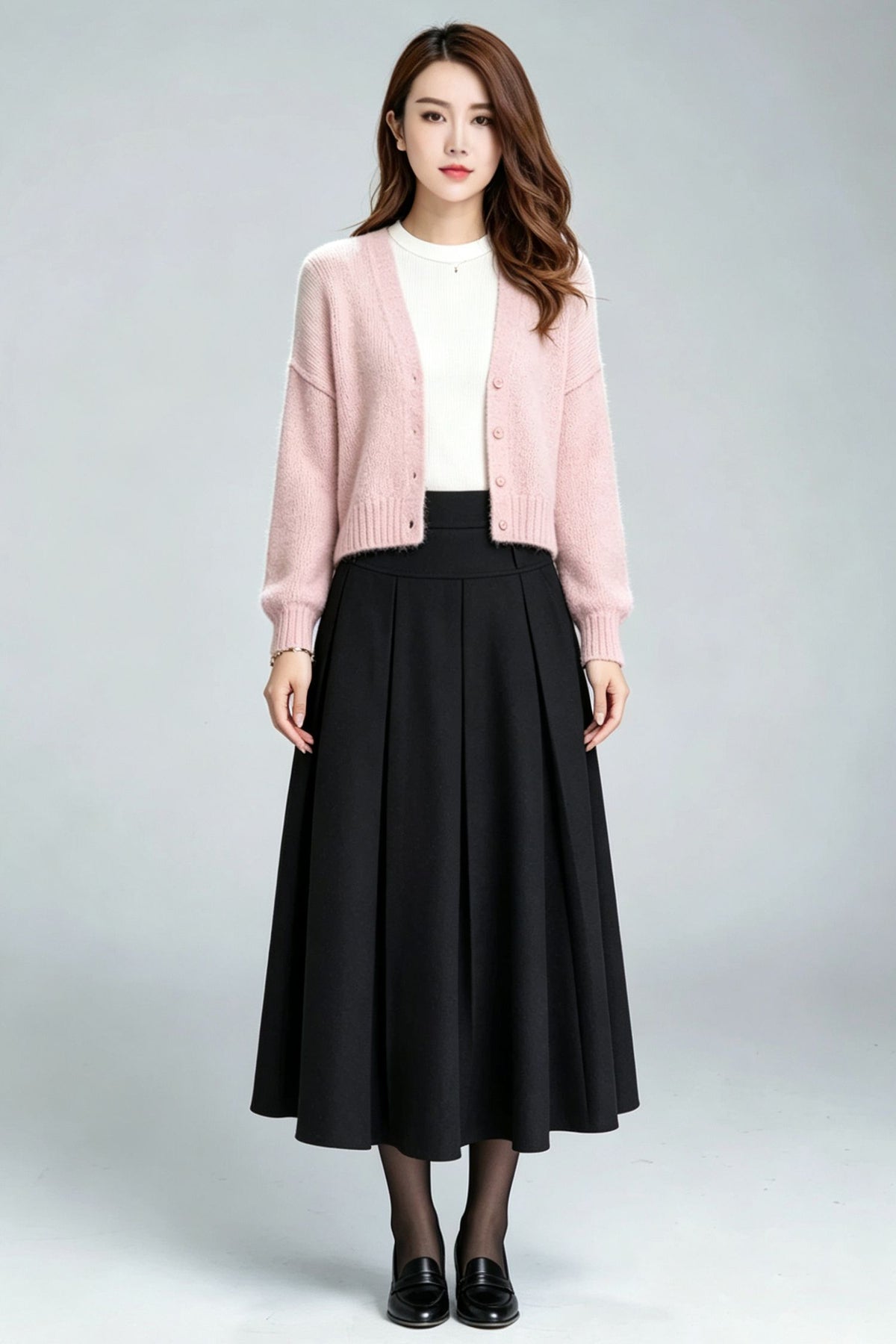 Black Wool Pleated Midi Skirt-High Waist A-Line Long Skirt for Women 7011