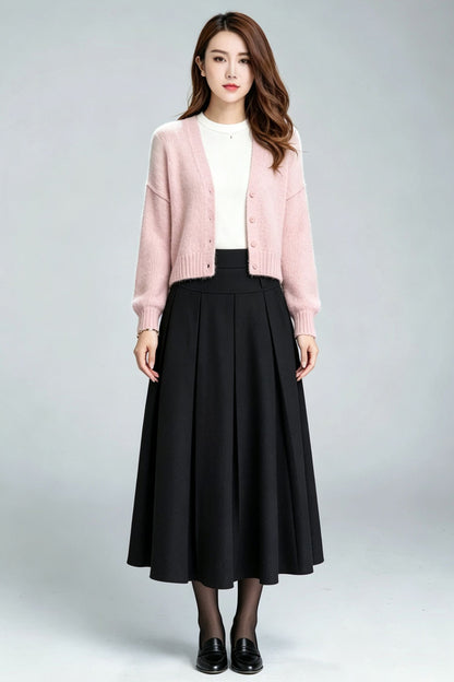 Black Wool Pleated Midi Skirt-High Waist A-Line Long Skirt for Women 7011