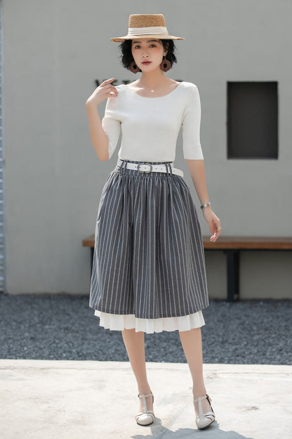 Xiaolizi Striped Linen Midi Skirt – Handmade High Waisted A-Line Summer Skirt 6686
