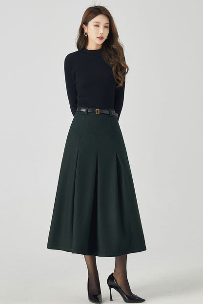 Dark Green Wool Midi Skirt – Vintage High Waist A-Line Winter Skirt with Pockets 4532
