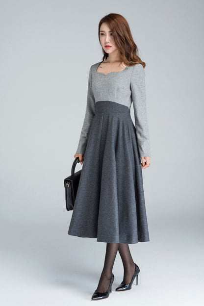 Gray Wool Midi Dress - A-Line Square Neck | Xiaolizi 1615