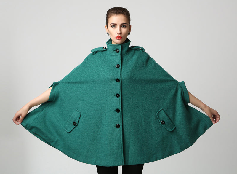 Green Wool Cape Coat for Women – Stand Collar Winter Cloak with Pockets, Xiaolizi 1129