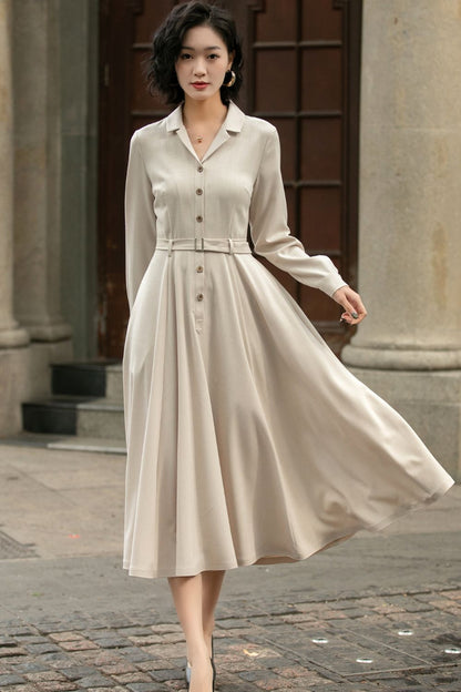 Beige Linen Cotton Midi Shirt Dress - Vintage Belted Swing Silhouette 5674