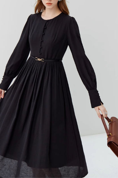 Beige Cotton Blend Midi Dress - Vintage-Inspired Long Sleeves 4816