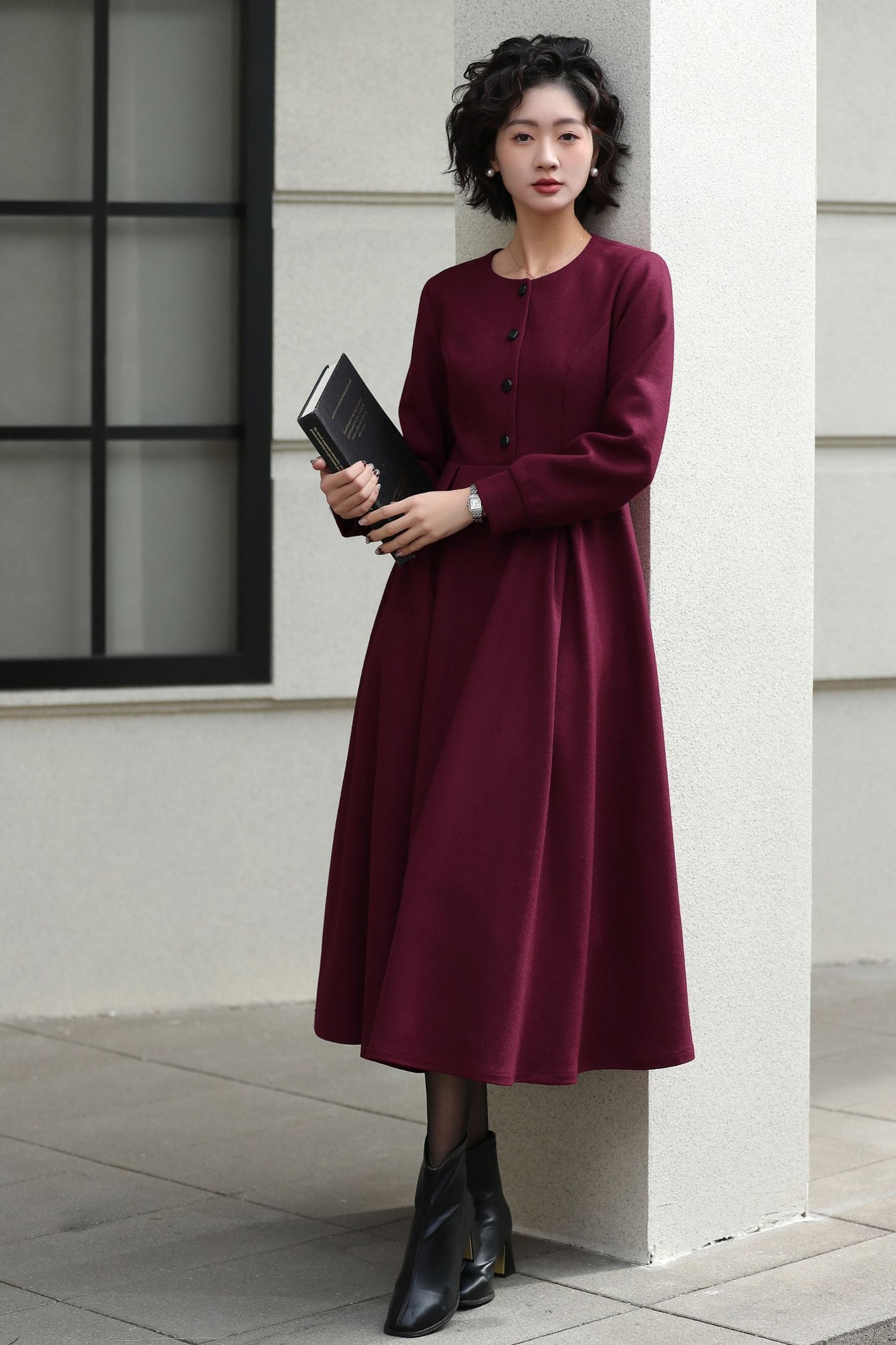Burgundy Handmade Wool Midi Dress – Vintage Long Sleeve Winter Style 6618