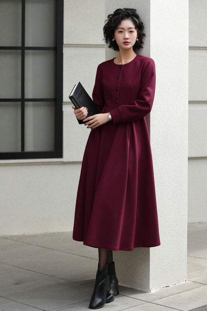 Burgundy Handmade Wool Midi Dress – Vintage Long Sleeve Winter Style 6618