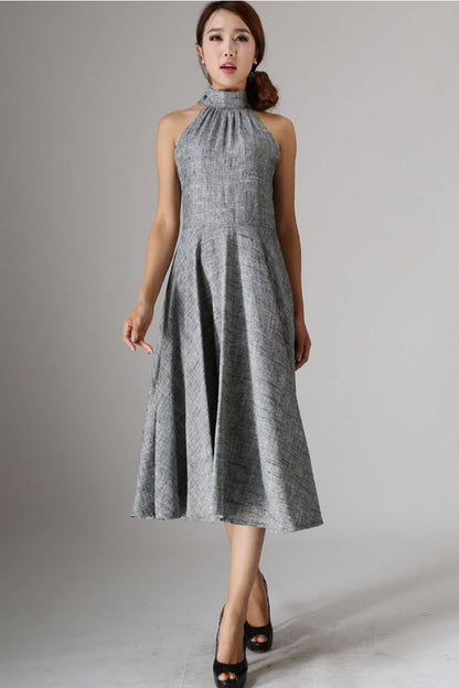 Sleeveless gray midi summer linen dress 988