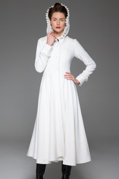 Winter Wedding Wool Coat – Handmade White Fit & Flare Hooded Coat | Xiaolizi 1412