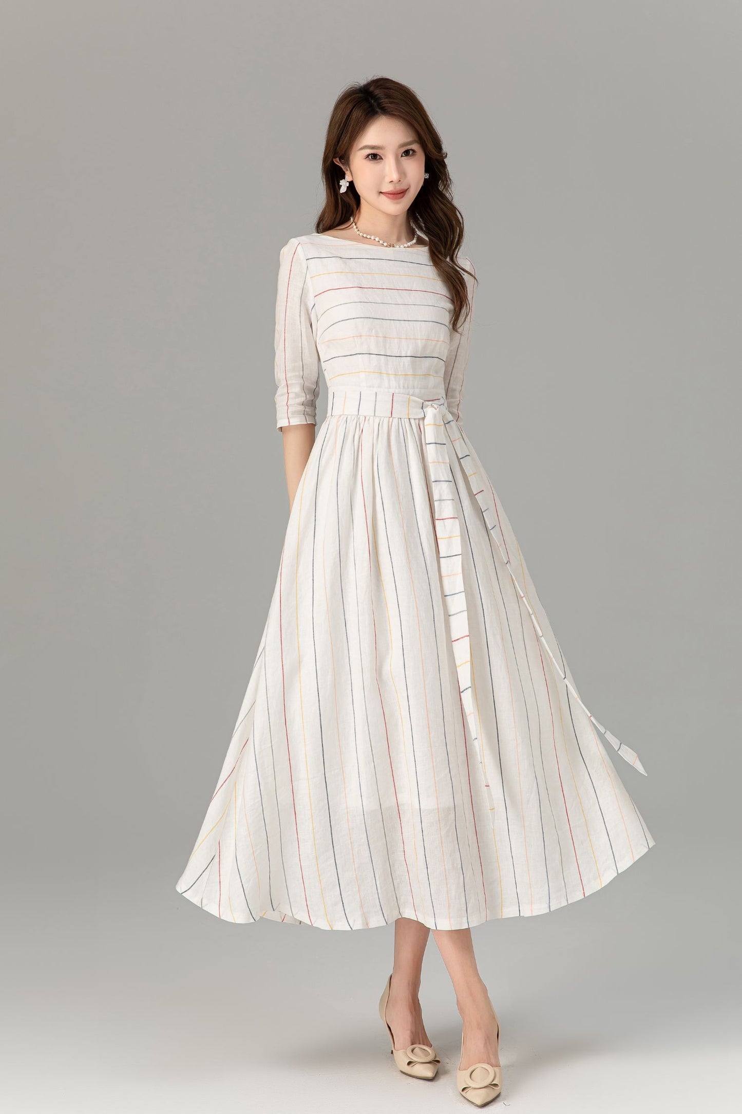 Tie belt white linen dress with colorful striple 4934