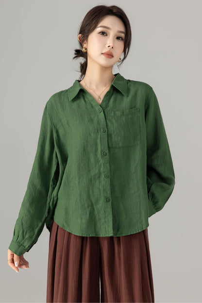 Green Linen Blouse - Loose Fit Vintage Collar Long Sleeve | Xiaolizi 5698