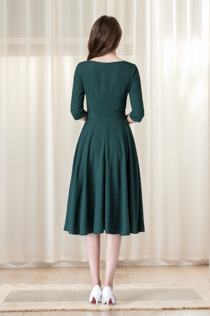 Handmade Dark Green Linen Cotton Midi Dress – Fit & Flare with Pockets 6630
