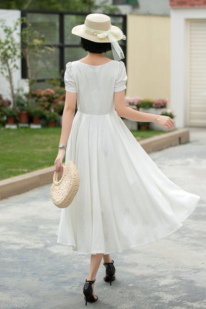White Linen Midi Swing Dress - Square Neckline with Puff Sleeves 5980