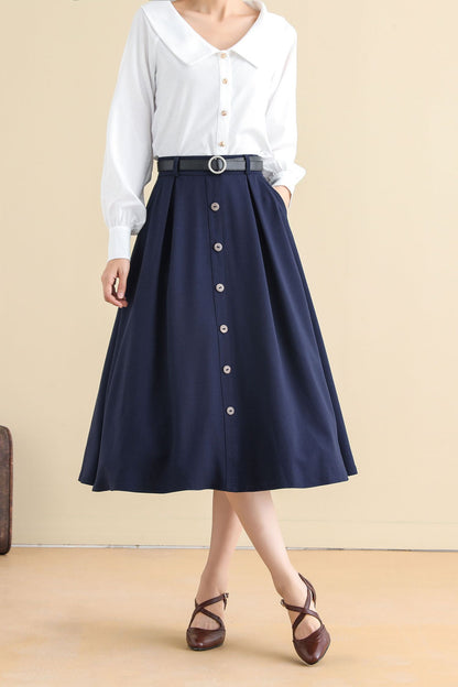 Navy Buttoned Cotton Blend Midi Skirt - A-Line, Vintage Inspired 2786