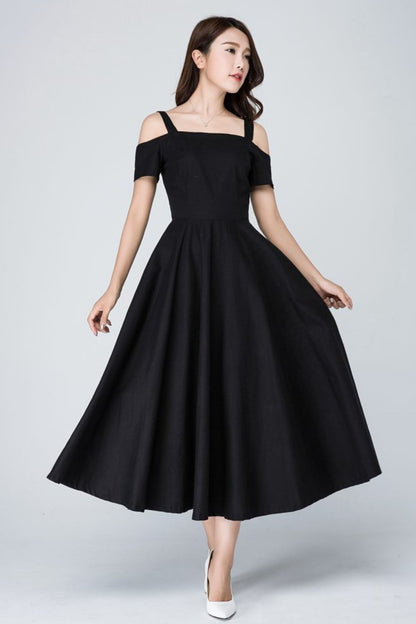 Vintage Off shoulder black linen Maxi dress 1576