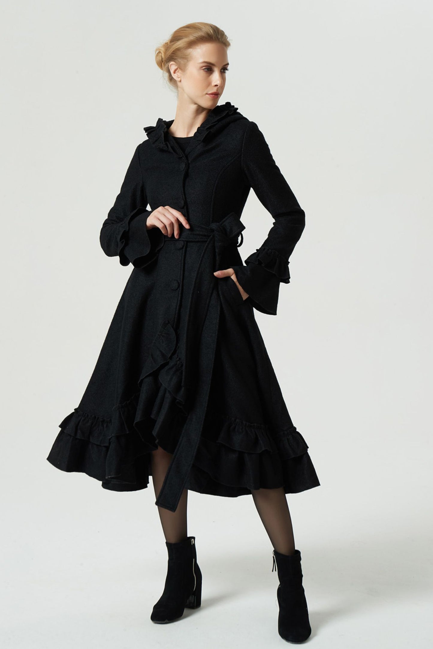 long black ruffled wool coat for women 1970#