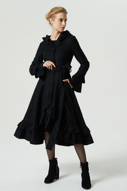 Black Wool Blend Long Coat - Ruffle Hood Belt Dipped Hem | Xiaolizi 1970
