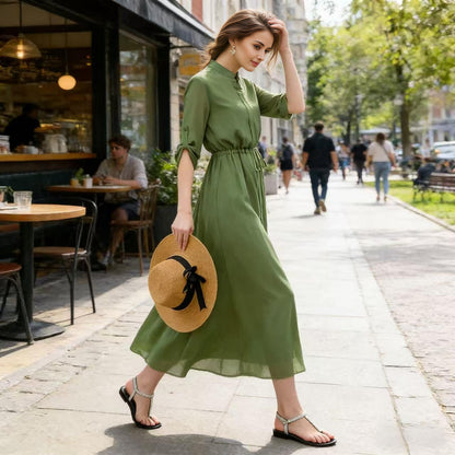 Soft Green Chiffon Dress with Tie Waist and Flowing Shape | Xiaolizi 6770